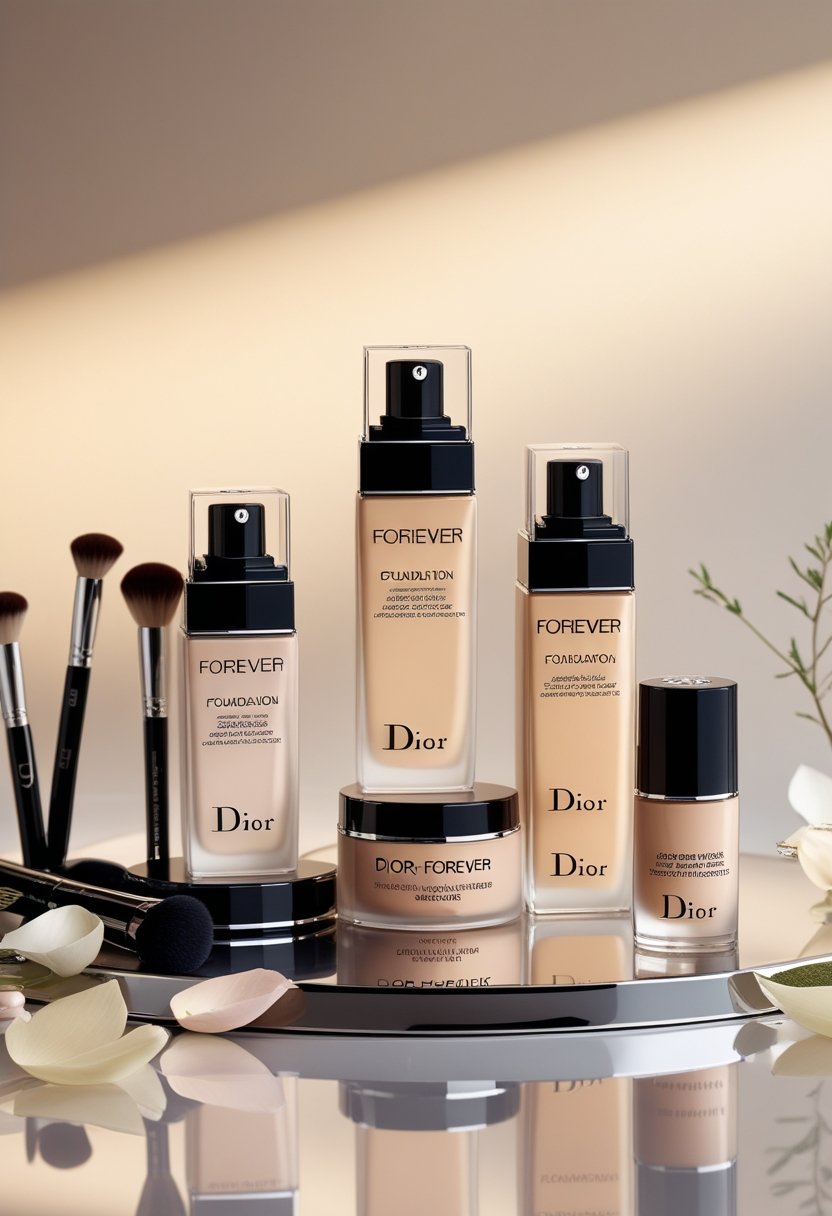 Plusieurs flacons et compacts de fondation Dior Forever posés sur une surface réfléchissante avec des pinceaux de maquillage et des éléments naturels en arrière-plan.