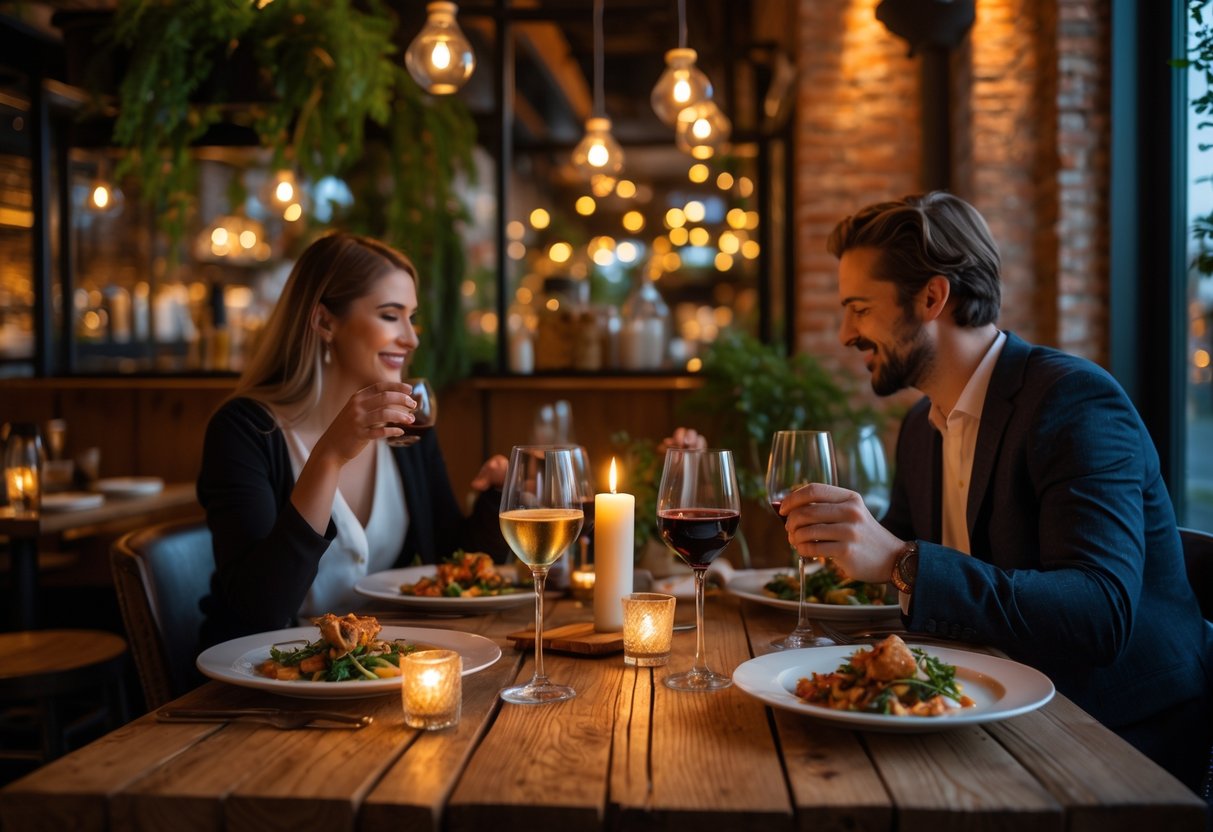A couple enjoying a romantic dinner at a cozy bistro with candlelit tables and warm lighting.