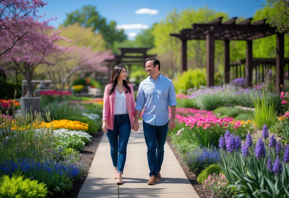 A couple walking together through colorful gardens with flowers and greenery on a sunny day.