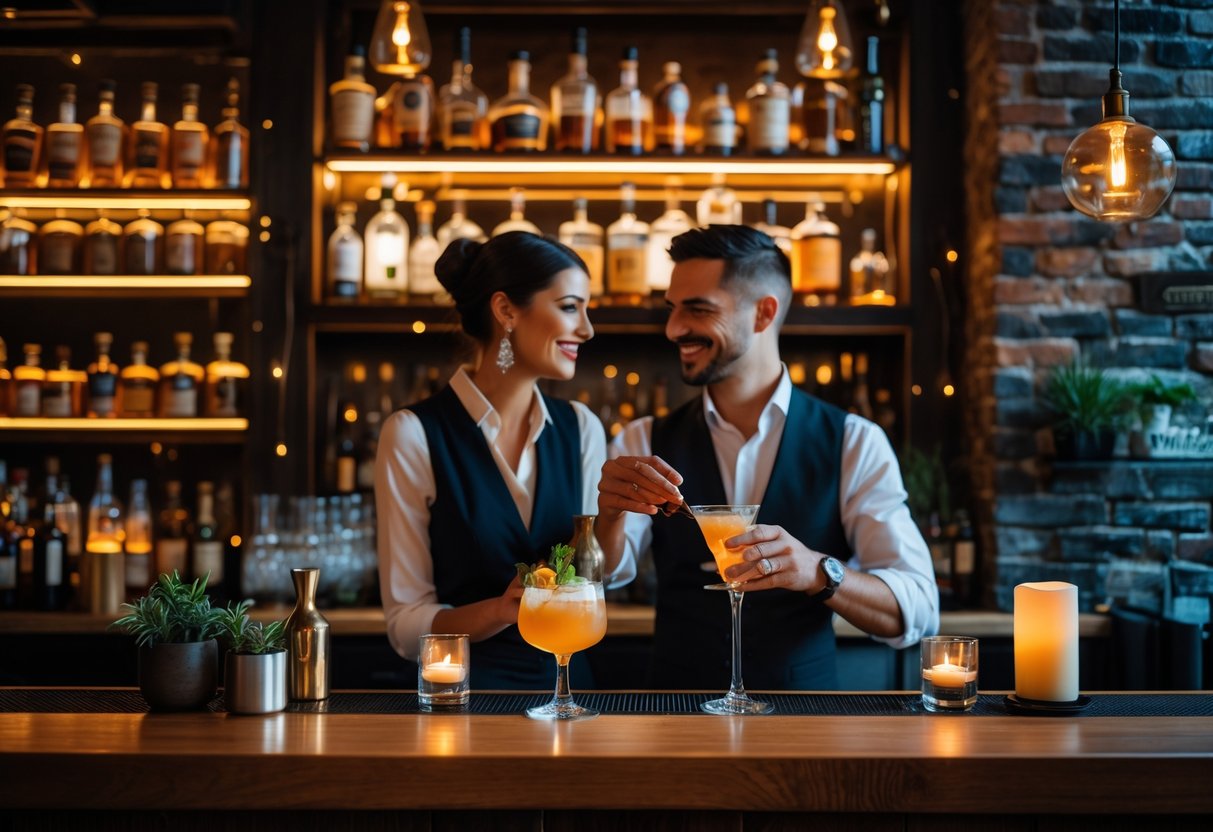 A couple enjoying craft cocktails at a dimly lit bar inside a speakeasy with vintage decor.