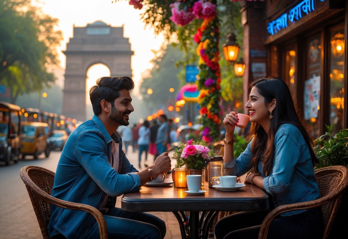 A young couple sitting at an outdoor cafe table with flowers and warm lighting, smiling and talking with Delhi landmarks visible in the background.