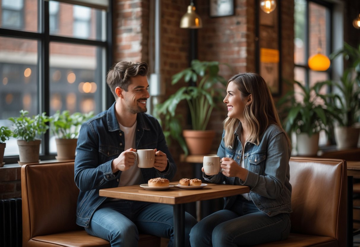 A young couple enjoying coffee together at a small table inside a cozy cafe.