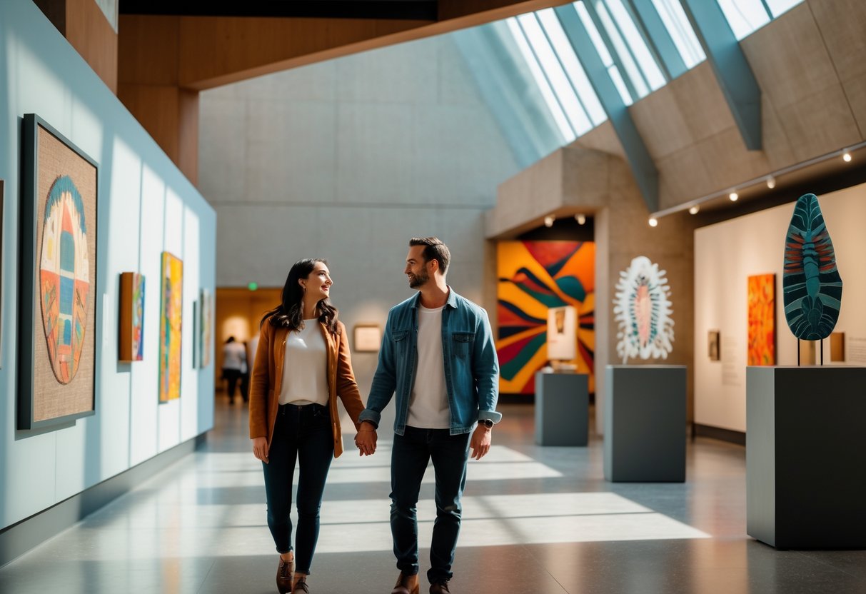 A couple admiring art exhibits inside a modern museum with large windows and bright lighting.