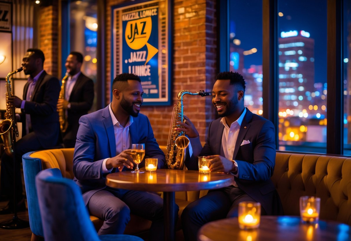 A couple enjoying live jazz music at a cozy lounge with a small band playing on stage and an intimate, warm atmosphere.