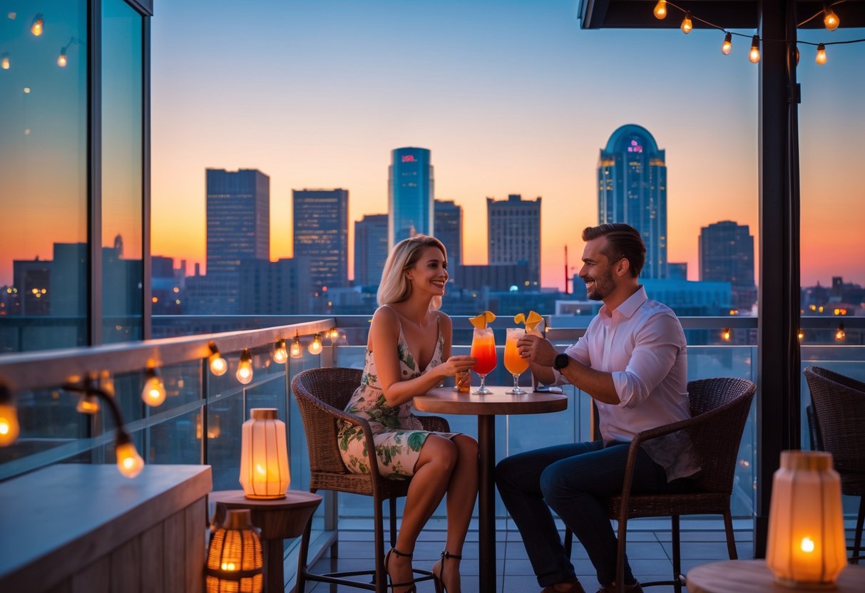 A couple enjoying cocktails together at a rooftop bar overlooking the Detroit city skyline at sunset.