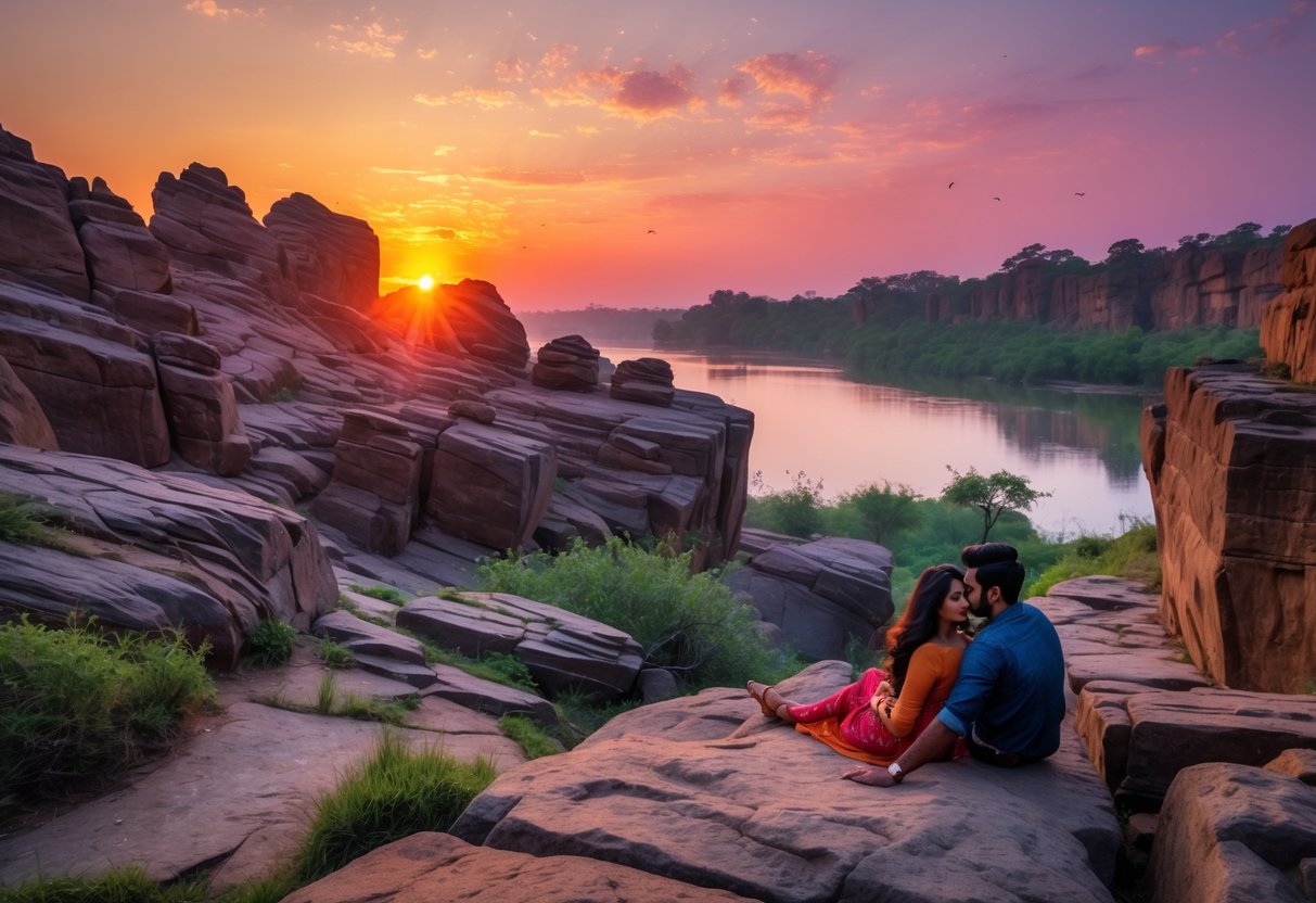 A couple sitting on rocks during a colorful sunset at Parthasarathy Rocks with natural rock formations and calm water nearby.