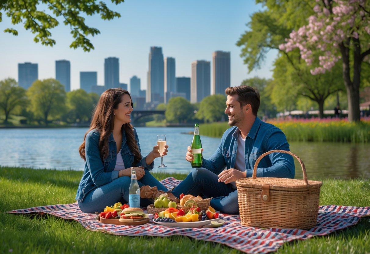 A young couple enjoying a picnic on a blanket in a green park near water with city buildings in the distance.