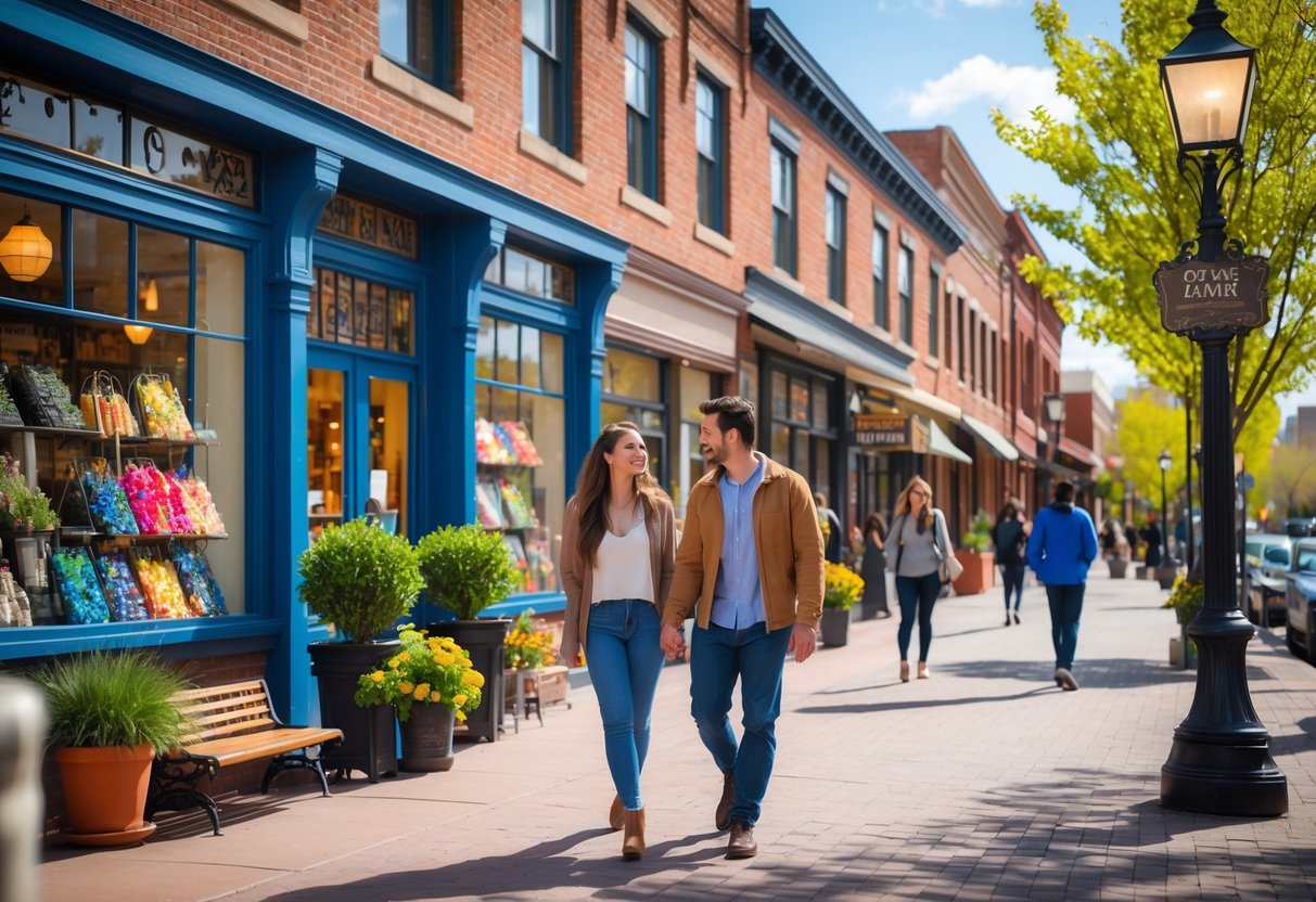 A young couple walking hand in hand while browsing shops on a sunny street lined with storefronts and trees.