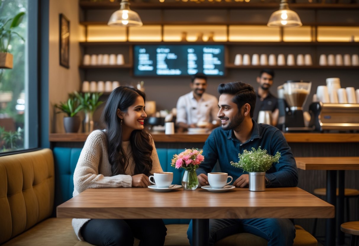 Two people enjoying coffee together at a café table with warm lighting and cozy surroundings.