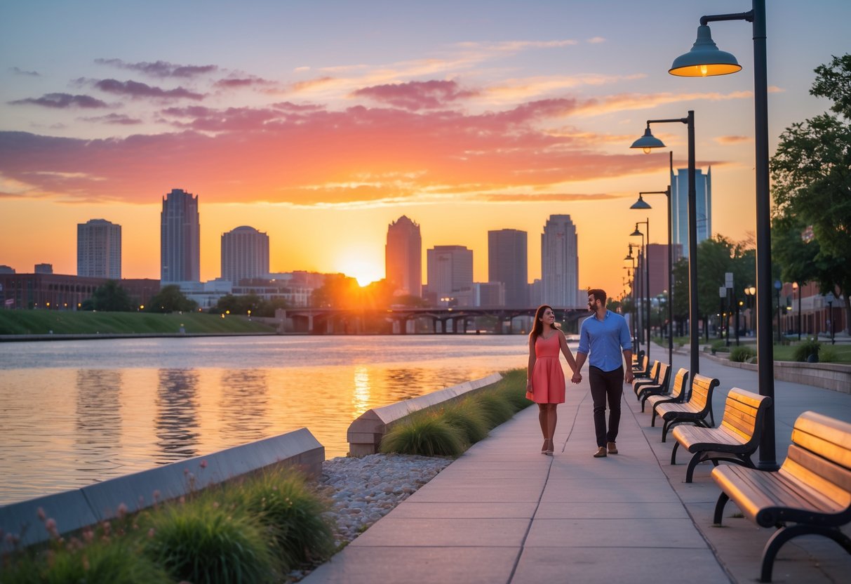 A couple walking hand in hand along the Detroit Riverwalk at sunset with the city skyline in the background.