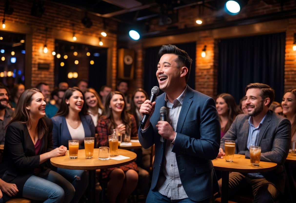Couples and friends laughing and watching a comedian perform on stage at a comedy club.
