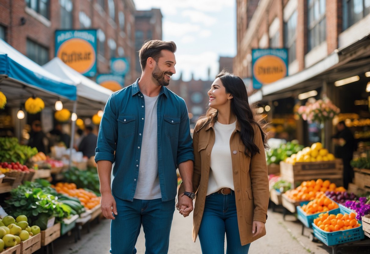 A couple holding hands and smiling while walking through an outdoor market with colorful stalls in the background.