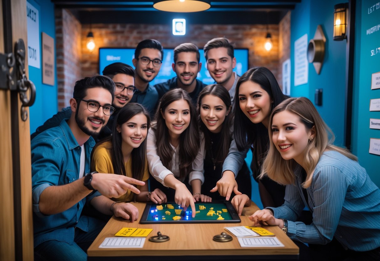 A group of young adults working together to solve puzzles inside an escape room.
