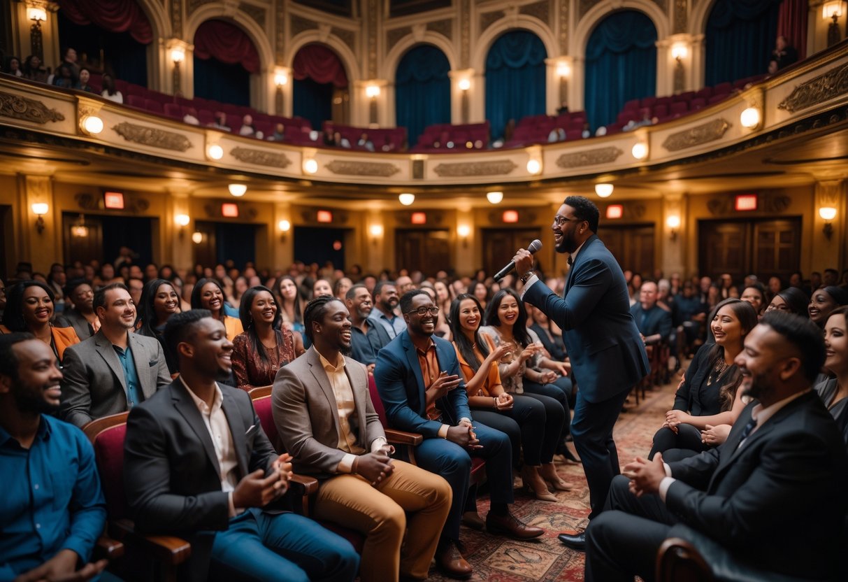 Audience enjoying a comedy show at The Fox Theatre with a comedian performing on stage.