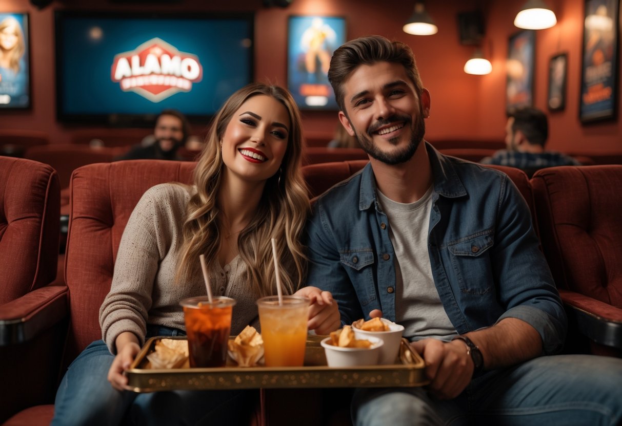 A young couple sitting together in a cozy movie theater, smiling and holding hands with snacks and drinks on a small table in front of them.