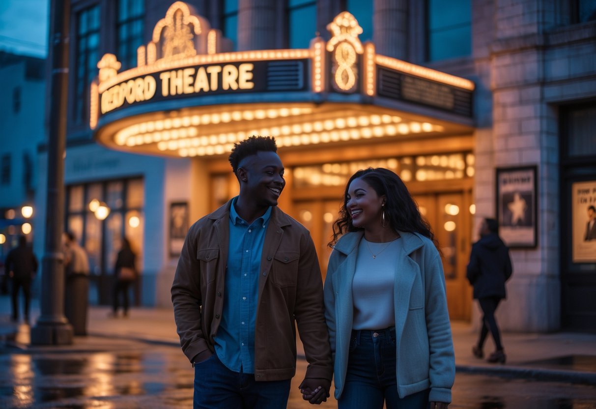 A young couple holding hands outside The Redford Theatre at night, smiling and enjoying a date.