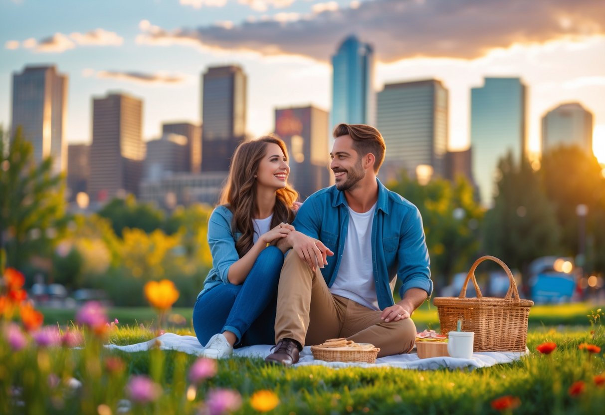 A young couple enjoying a sunny outdoor date in a park with Denver skyline and mountains in the background.