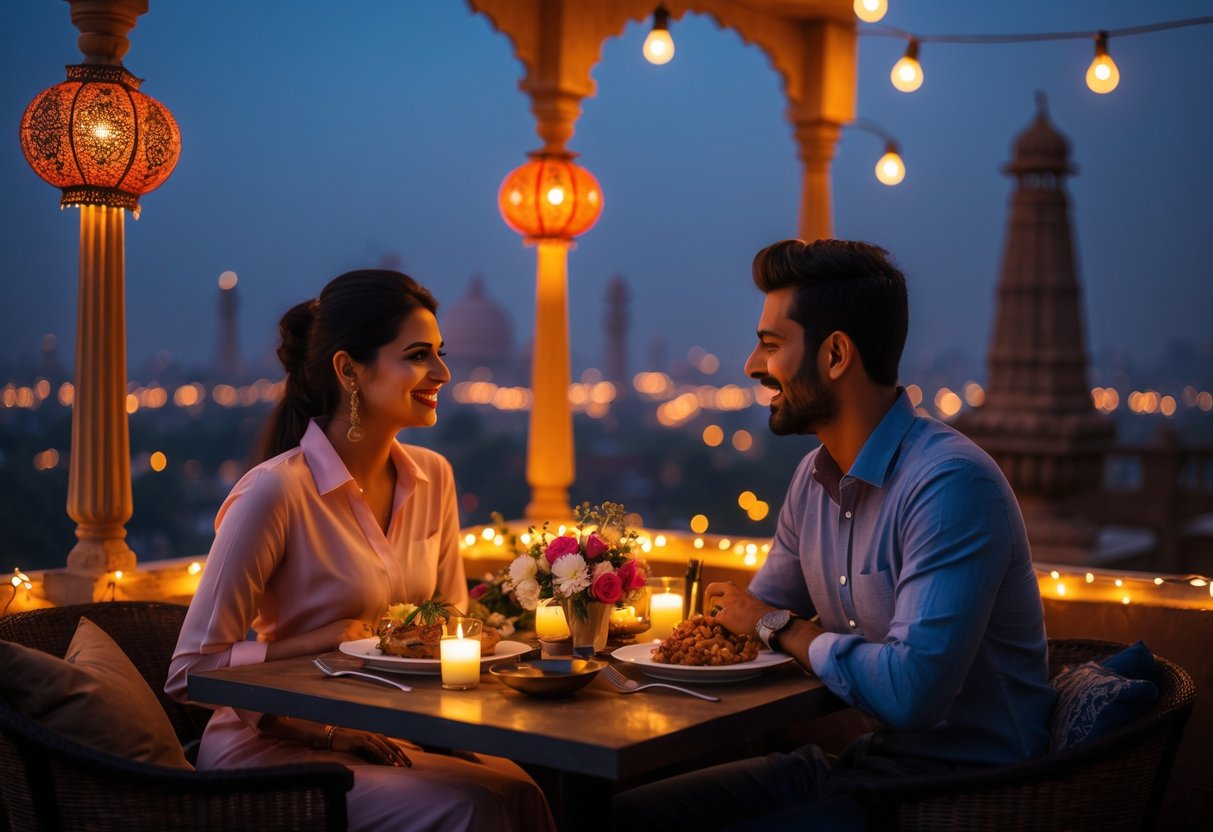 A couple enjoying a romantic dinner on a rooftop in Delhi with city landmarks visible in the background.