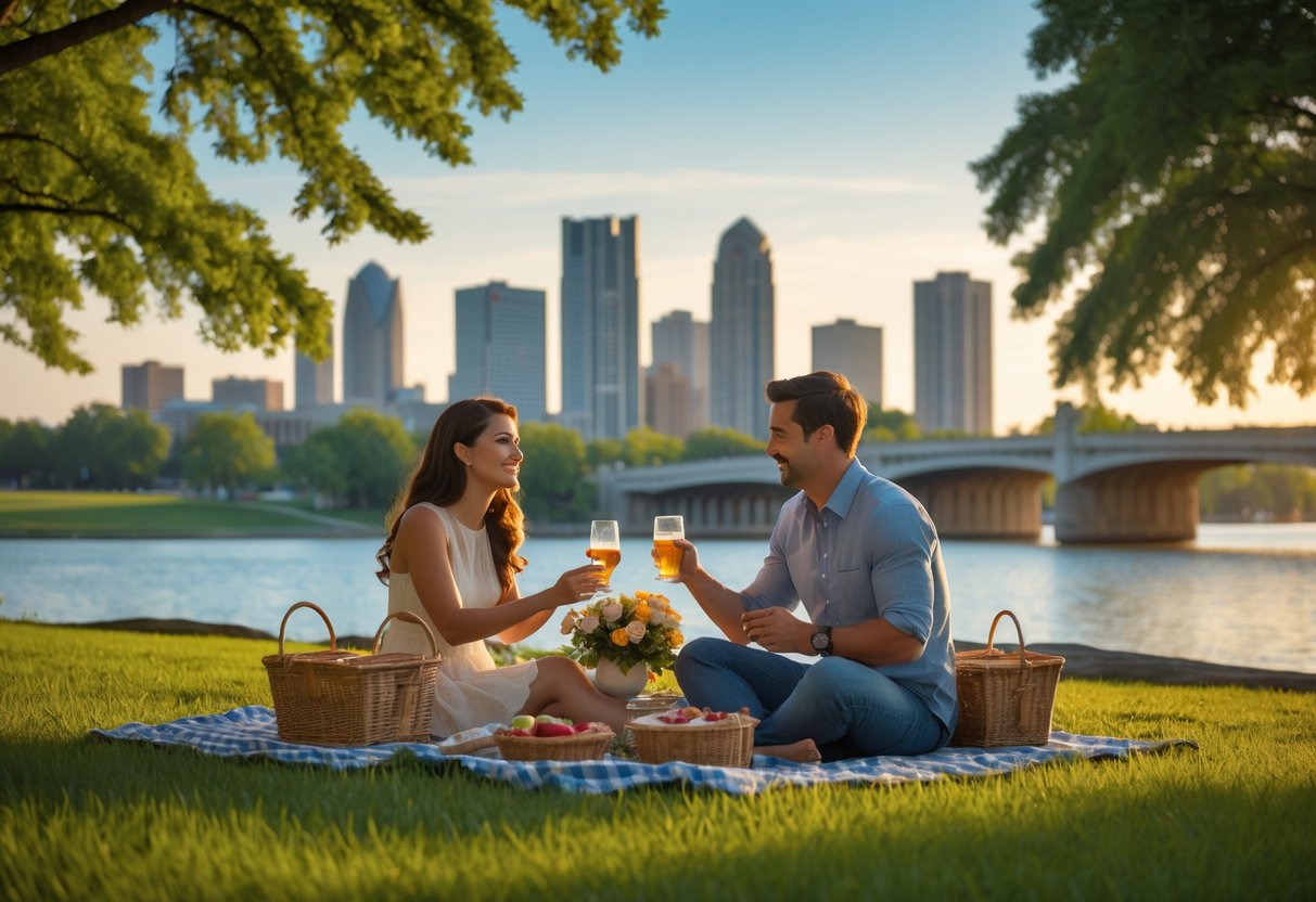 A young couple enjoying a picnic in a park with the Detroit skyline and river in the background during sunset.