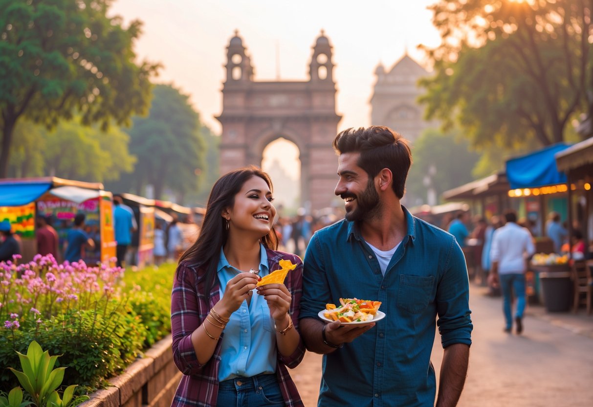 A young couple enjoying a romantic date outdoors in a park with Delhi landmarks in the background.