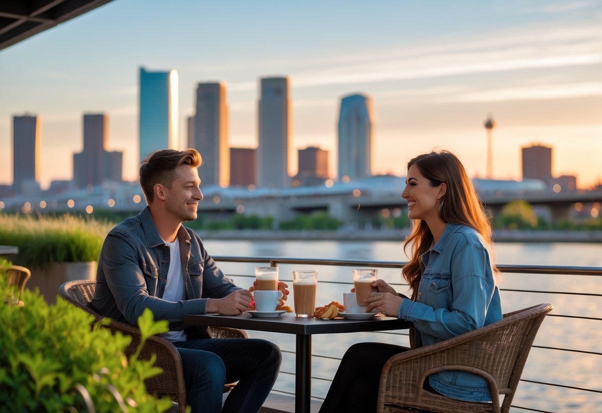 A young couple sitting at an outdoor café near the Detroit Riverwalk with the city skyline in the background, enjoying a relaxed moment together.