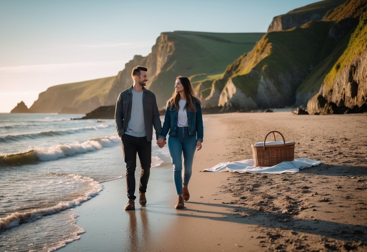 A young couple walking hand-in-hand along a sandy beach with cliffs and greenery in the background during sunset.