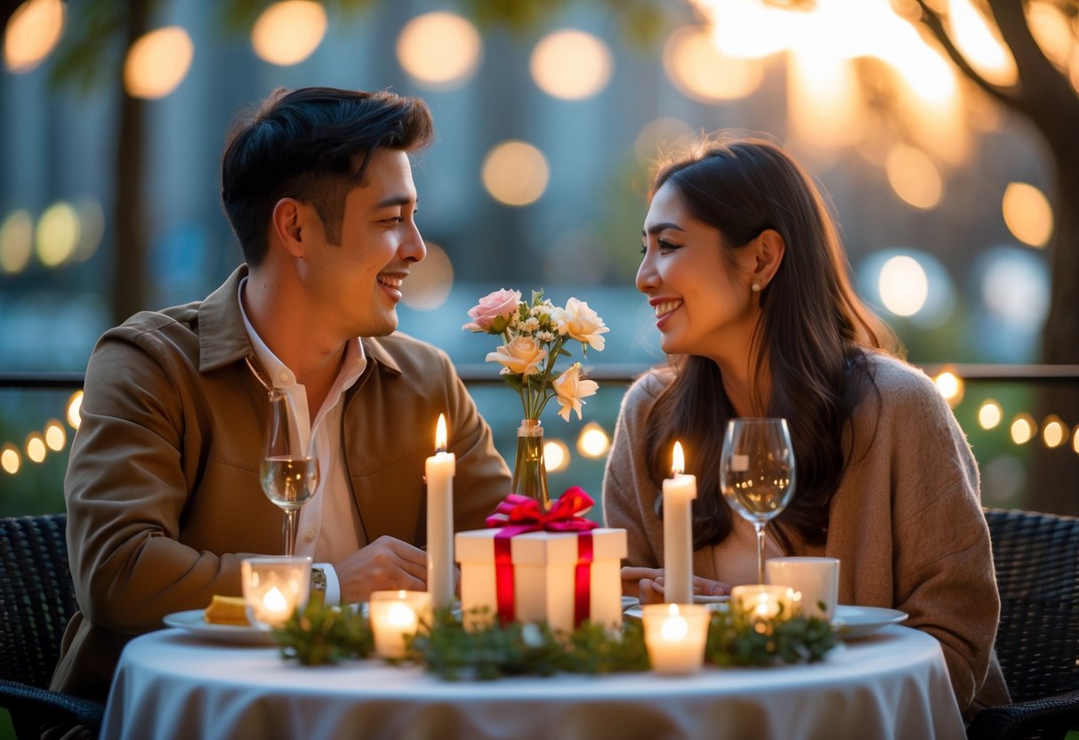 A couple sitting at a table outdoors with a gift box between them, smiling and enjoying a romantic date.