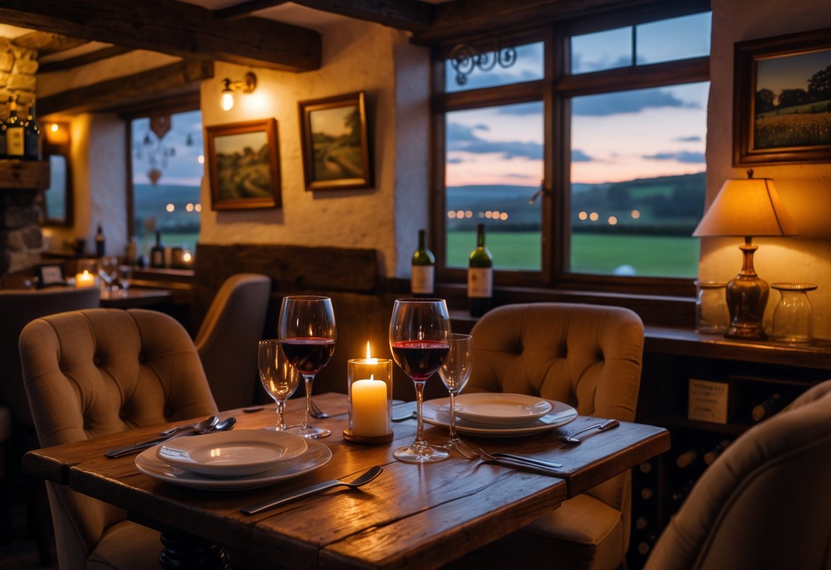 A cosy country pub interior with a wooden table set for two, a candle, wine glasses, and a fireplace in the background.
