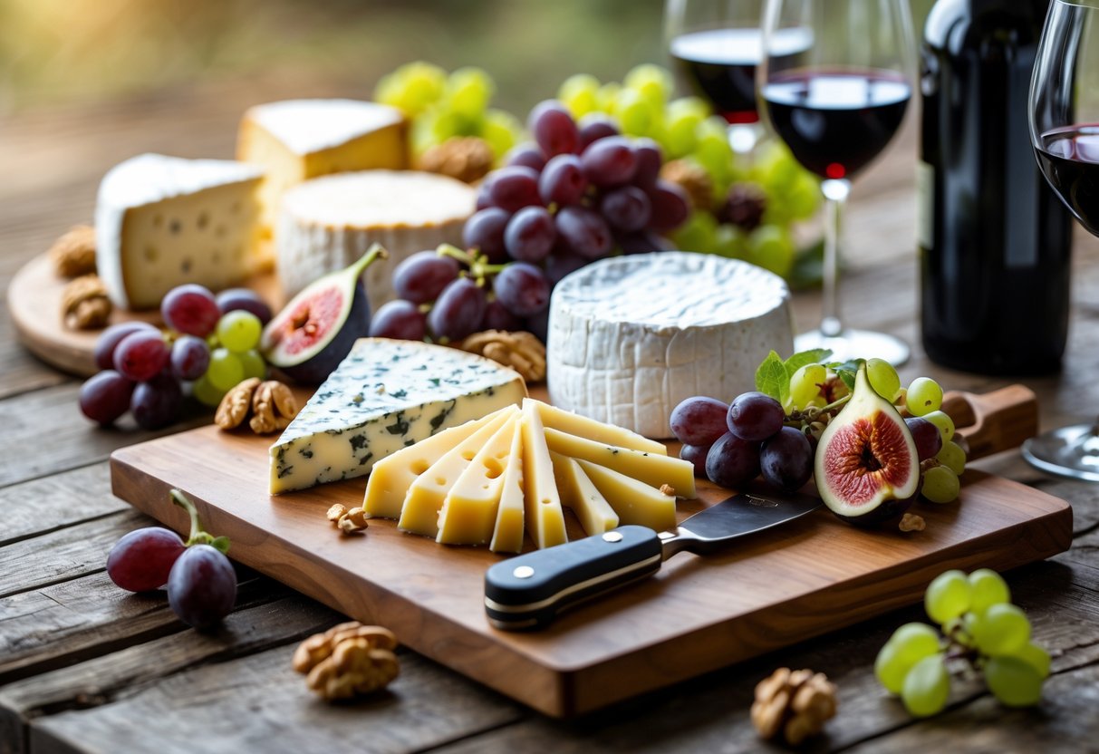 A wooden table with a cheese board featuring various cheeses, grapes, figs, walnuts, two glasses of red wine, and a bottle of wine.