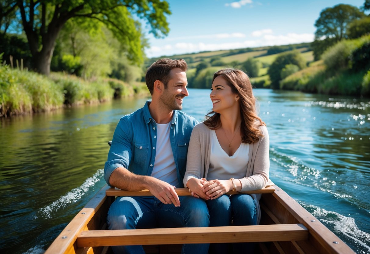 A couple enjoying a boat trip together on a calm river surrounded by green trees and hills.