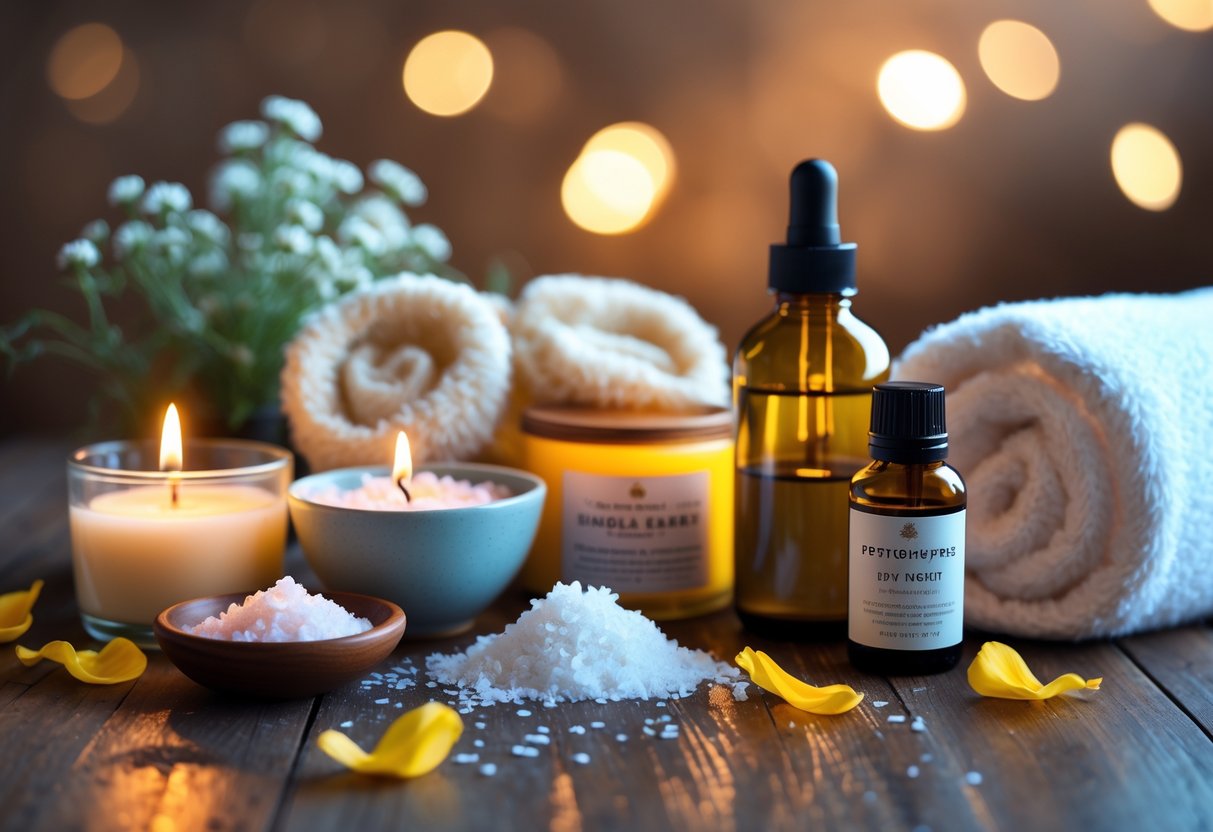 A neatly arranged DIY spa kit with candles, bath salts, cream, towel, and essential oils on a wooden table.