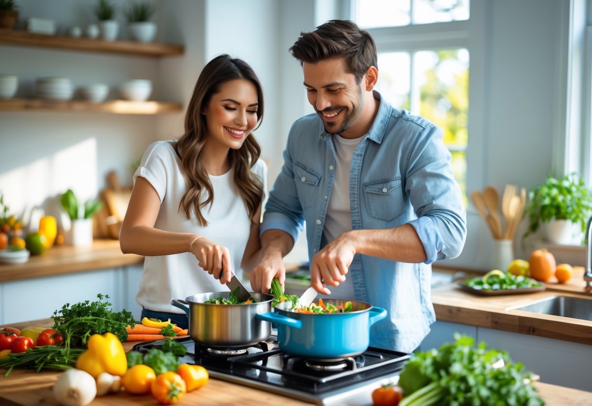 A couple happily cooking together in a bright kitchen, preparing a meal with fresh ingredients.