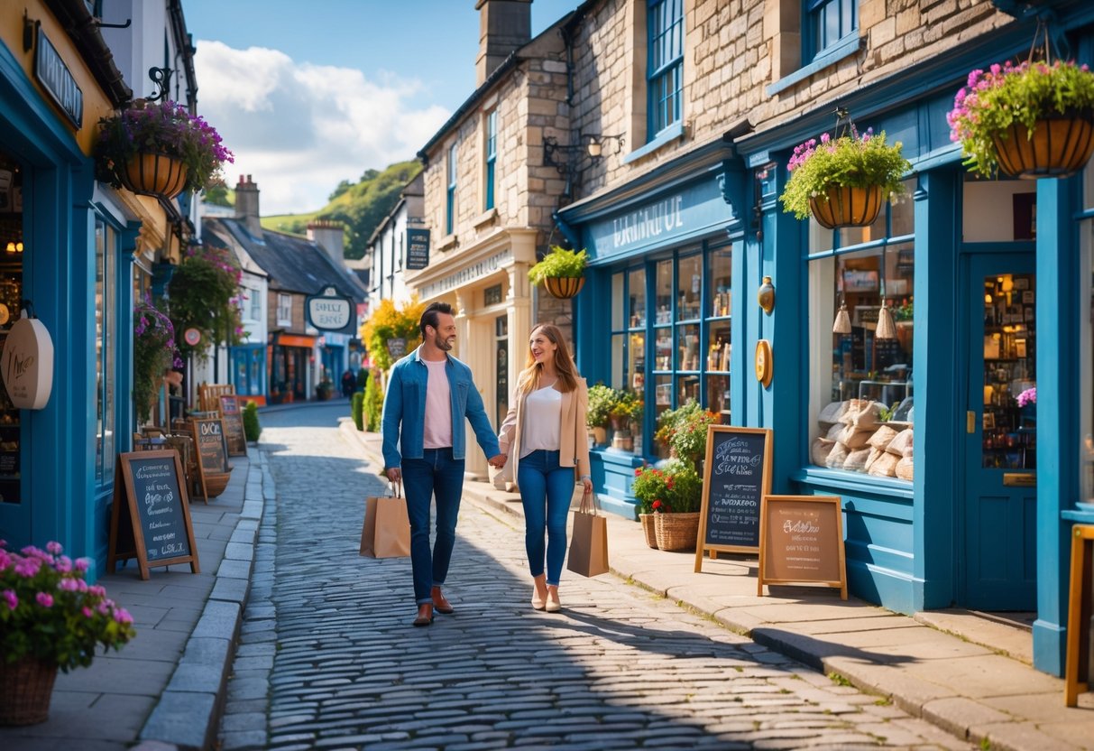A couple walking along a cobblestone street lined with small shops and cafes in Barnstaple, Devon.
