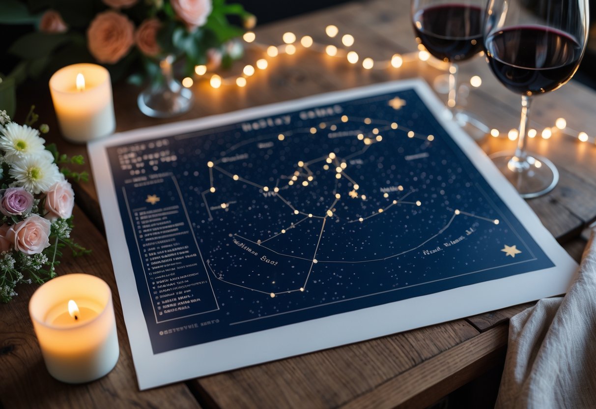 A personalized star map gift on a wooden table surrounded by flowers, a lit candle, wine glasses, and fairy lights.