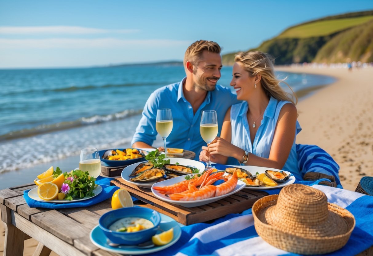 A couple enjoying a seafood lunch at a picnic table on a sunny beach with waves and clear sky in the background.