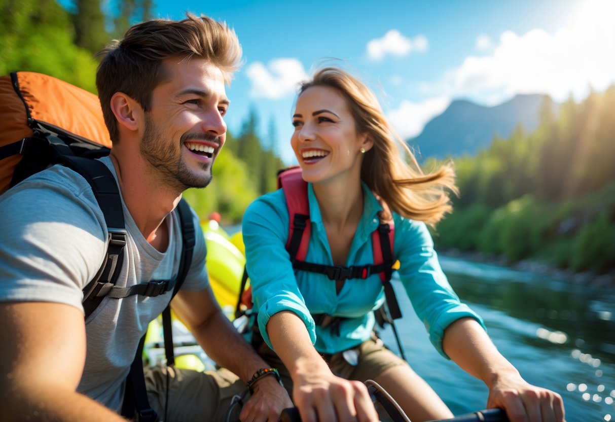 A young couple enjoying an outdoor adventure together in a natural setting, smiling and engaged in an activity like hiking or kayaking.