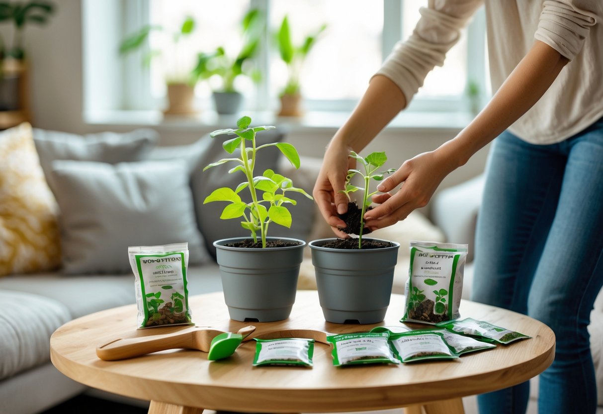 Two people tending to small indoor plants together on a wooden table in a cozy living room.