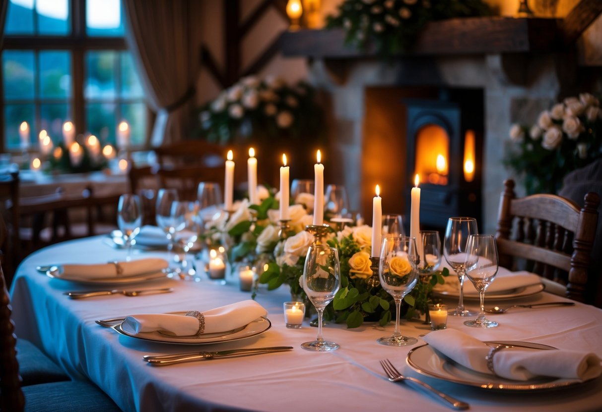A candlelit dinner table set in a cozy dining room with warm lighting and a stone fireplace.