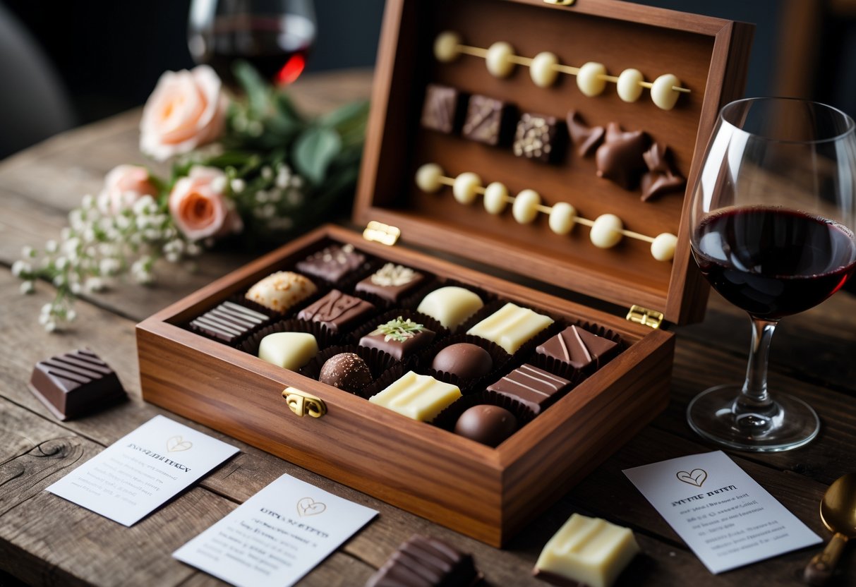 An open wooden box filled with assorted handcrafted chocolates on a wooden table, surrounded by wine glasses and flowers.