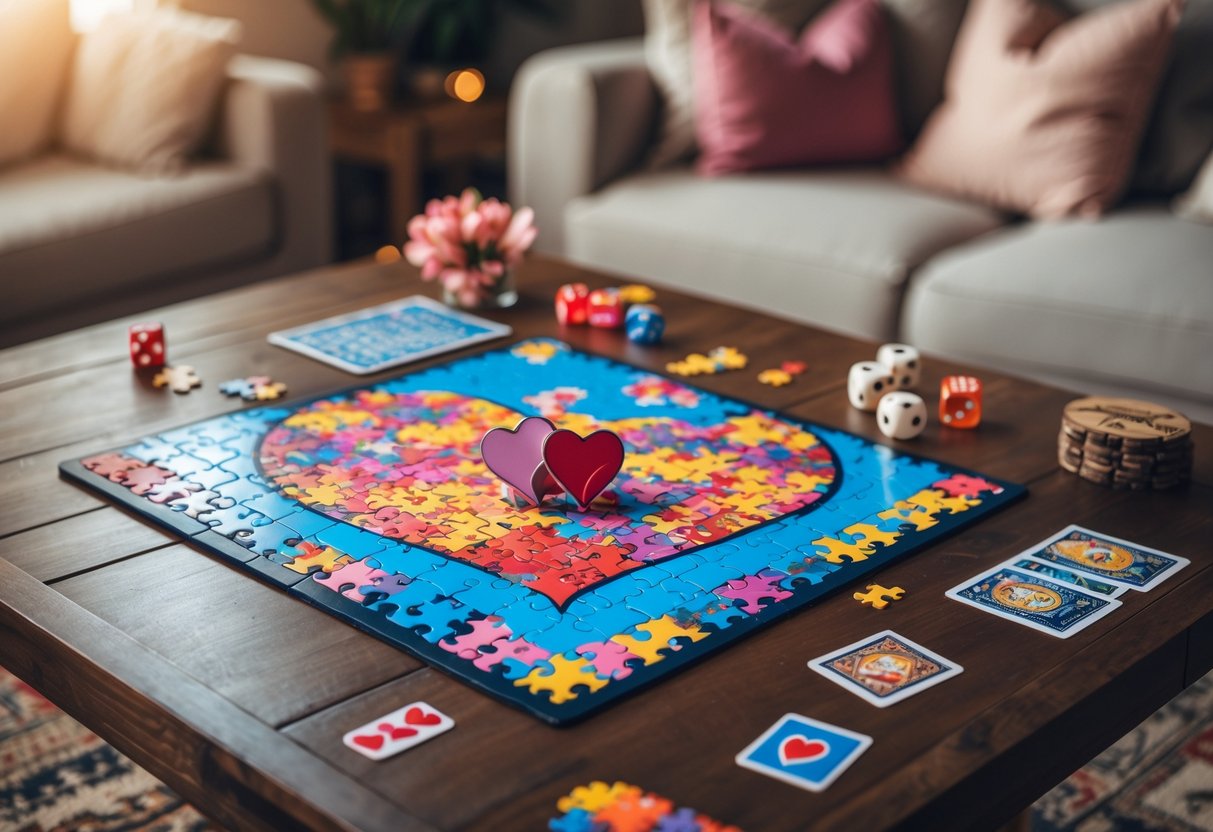 A wooden table with a couple's puzzle and board game pieces arranged, set in a cozy living room environment.