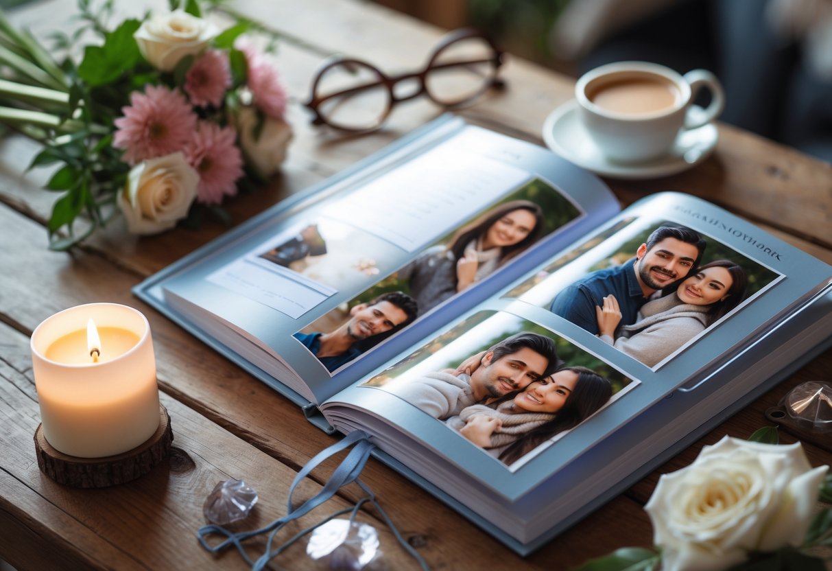 An open photo memory book on a table surrounded by a candle, flowers, coffee cup, and reading glasses.