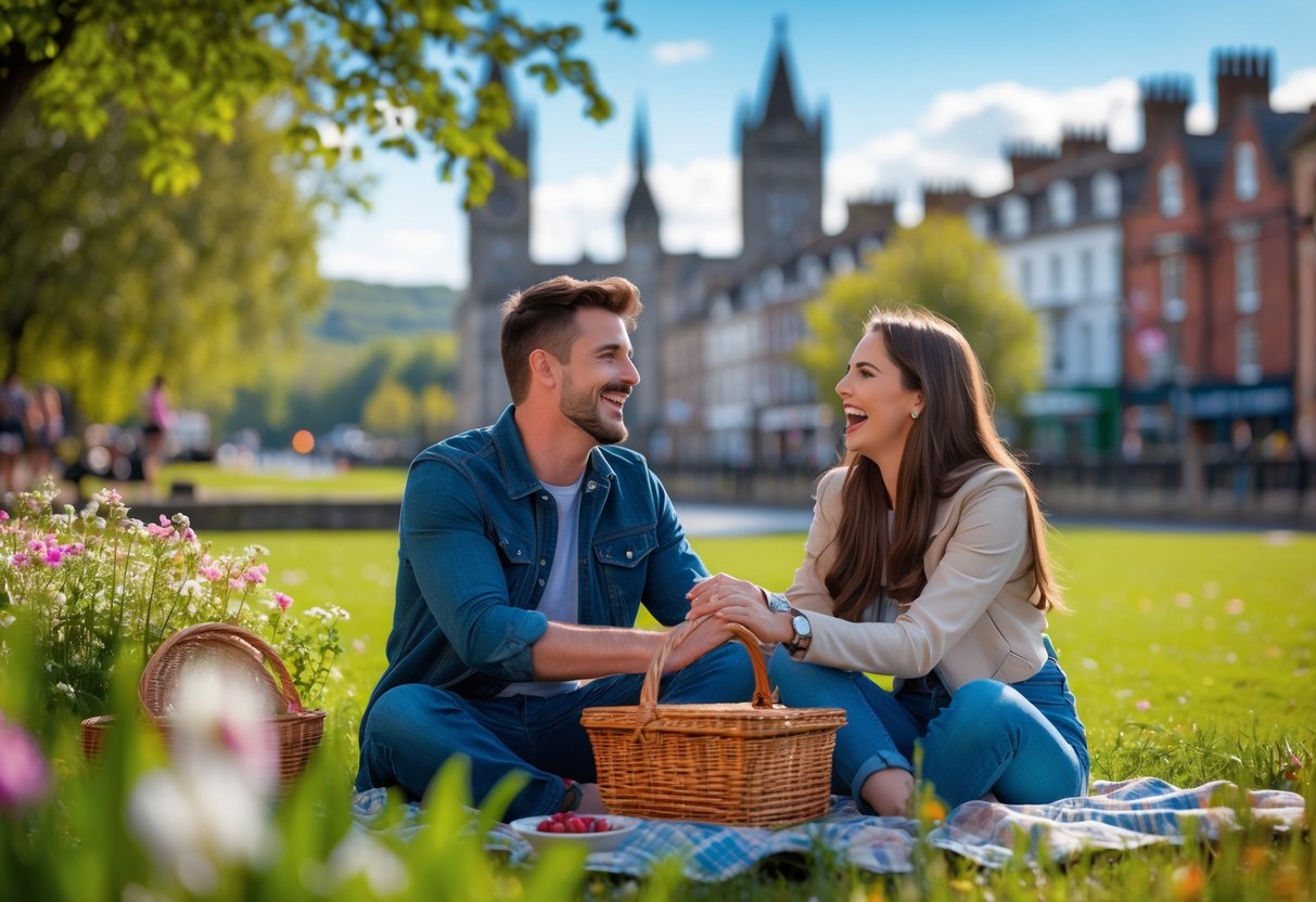 A young couple sitting on a picnic blanket in a park, holding hands and smiling with historic buildings in the background.