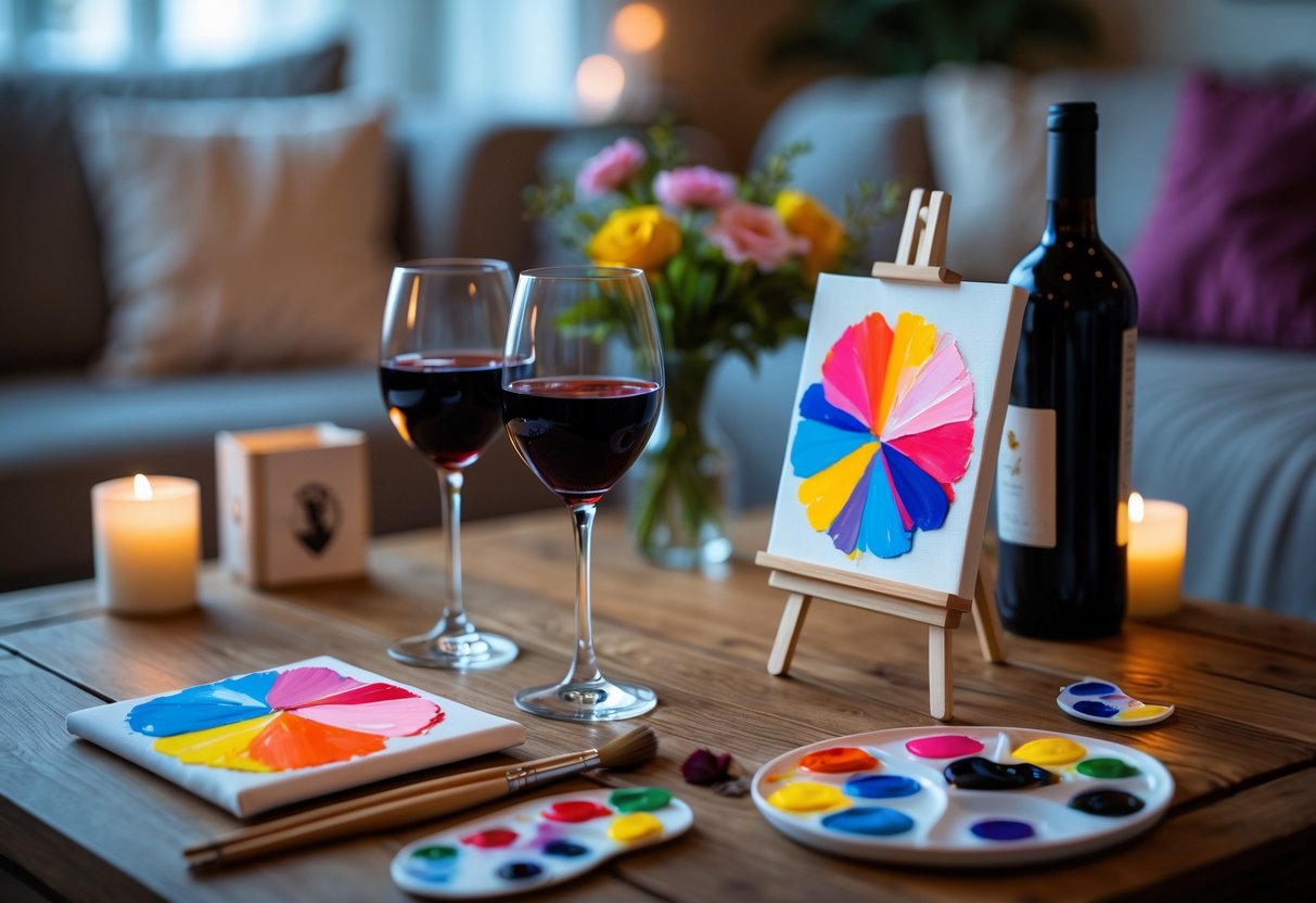 A table set with two glasses of red wine, paintbrushes, palettes, and small canvases for a wine and paint night.