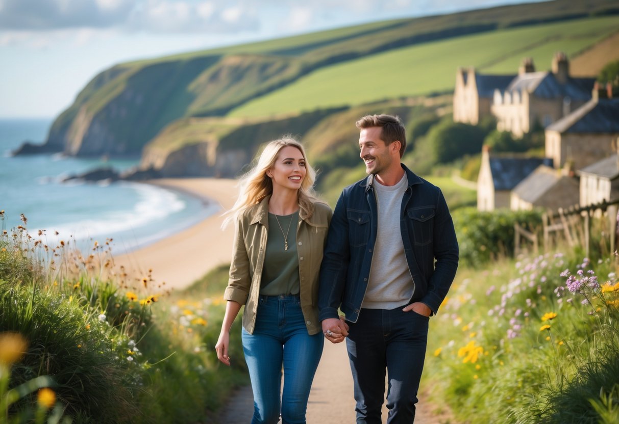A couple walking hand-in-hand along a scenic coastal path with greenery and cliffs in the background.