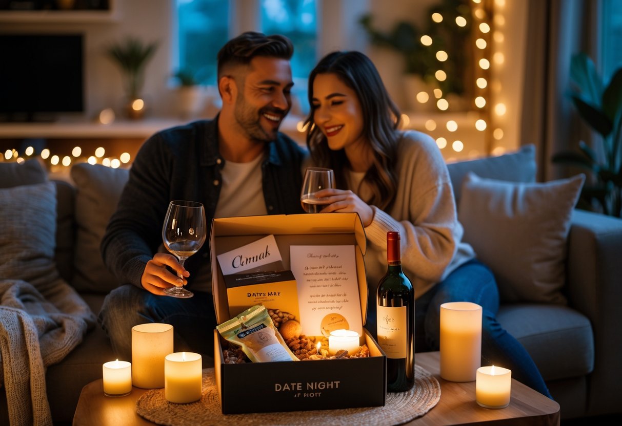 A couple enjoying an intimate date night at home with a date night gift box on a table, surrounded by candles and wine glasses.