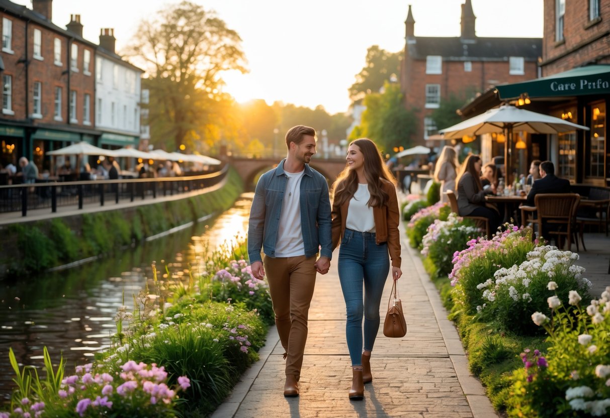 A young couple walking hand-in-hand along a riverside path in Derby at sunset, surrounded by flowers, historic buildings, and a nearby café with outdoor seating.