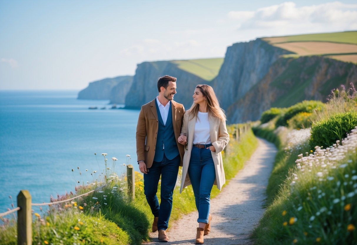 A couple walking along a seaside path with cliffs and the ocean in the background, enjoying a sunny day outdoors.