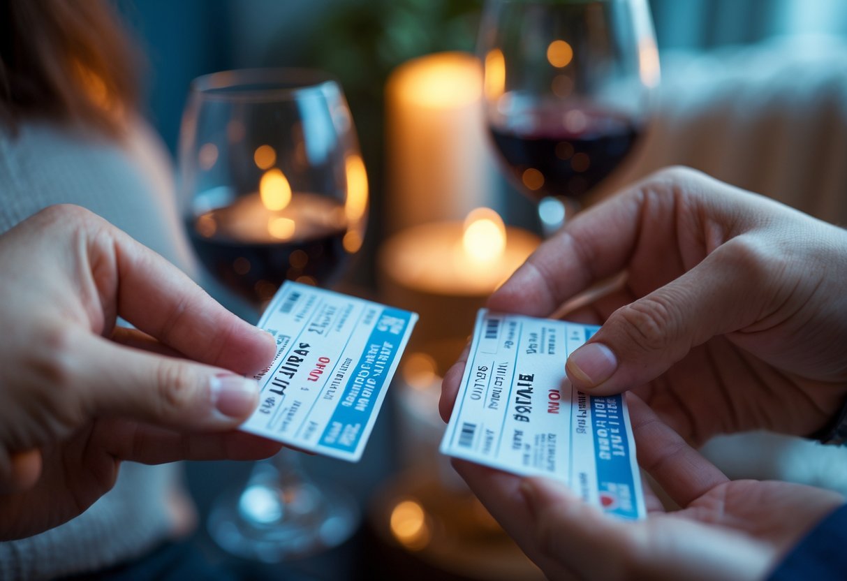 Hands holding two tickets to a concert or theater show with a softly blurred romantic date setting in the background.