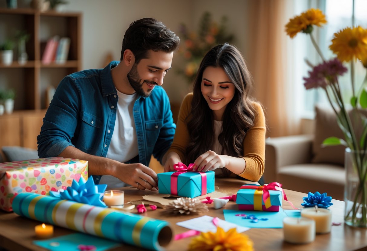 A couple wrapping a personalized gift together at a wooden table in a cozy living room.