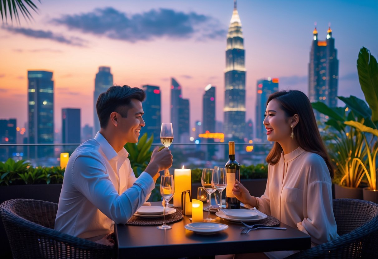 A young couple enjoying a romantic dinner at a rooftop restaurant overlooking the Jakarta skyline at sunset.
